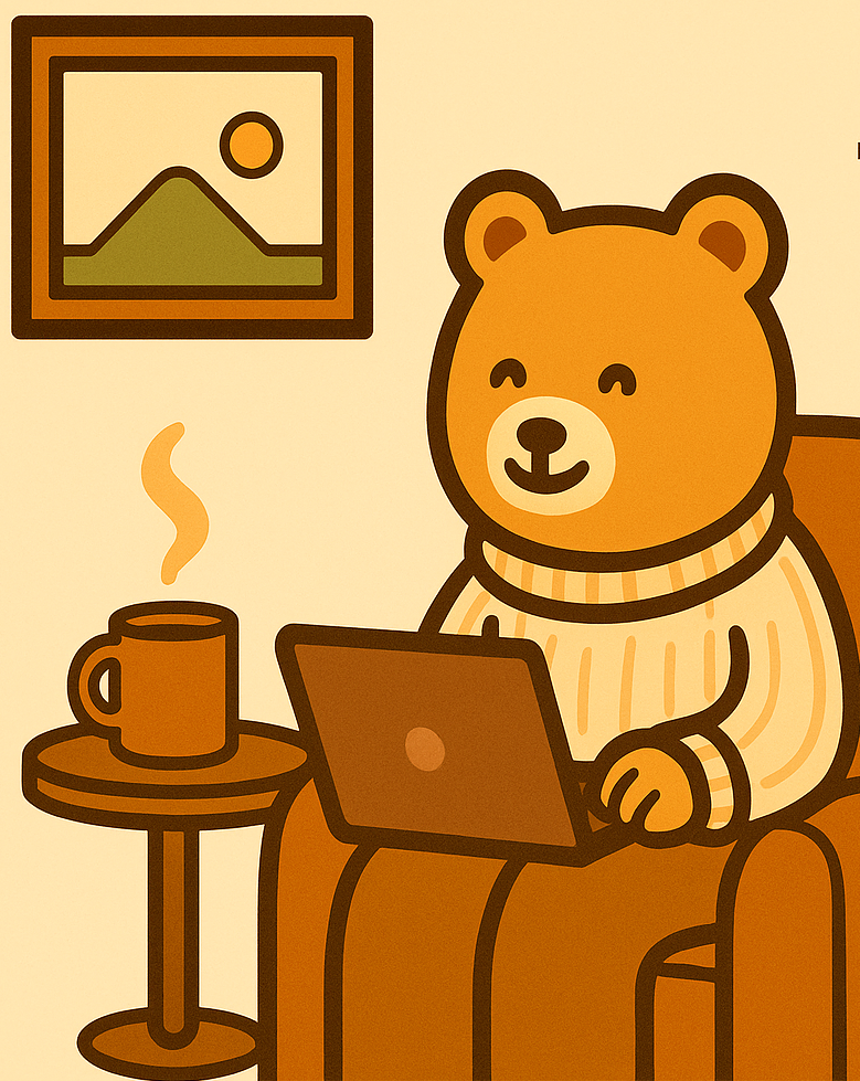 Cozy Bear working at a desk with a lamp and cocoa